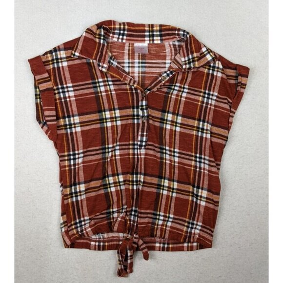 NO BOUNDARIES - BURNT ORANGE PLAID STRETCH KNIT TOP - TIE HEM - SIZE XS - Picture 1 of 7